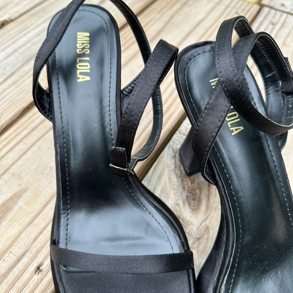 Miss Lola Mina Black Mini Platform Concave Heeled Satin Square Toe 90s Sandals - Picture 4 of 15